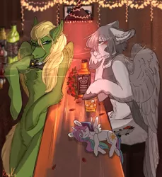 Size: 1979x2160 | Tagged: safe, artist:reyko, derpibooru import, princess celestia, oc, oc:chrysolite, oc:light knight, pony, alcohol, christmas, christmas lights, cigarette, crying, holiday, jack daniels, plushie, whiskey