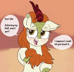 Size: 2548x2476 | Tagged: artist:comfyplum, autumn blaze, awwtumn blaze, blushing, bronybait, chest fluff, cloven hooves, coy, cute, derpibooru import, dialogue, female, flirting, fluffy, horn, kirin, lidded eyes, long mane, looking at you, looking back, mare, open mouth, playful, raised hoof, safe, simple background, smiling, solo, sounds of silence, speech, talking, talking to viewer