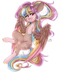 Size: 1111x1343 | Tagged: safe, artist:dusty-onyx, derpibooru import, oc, oc:poprocks, unofficial characters only, pegasus, pony, blank flank, colored wings, dappled, female, lightly watermarked, mare, multicolored hair, multicolored wings, pigtails, pink eyes, simple background, smiling, socks (coat marking), solo, transparent background, twintails, watermark, wings