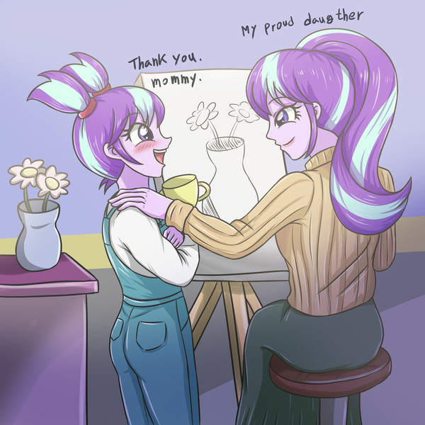 Size: 2952x2952 | Tagged: safe, artist:sumin6301, derpibooru import, starlight glimmer, equestria girls, cute, double the glimmer, female, flower vase, glimmerdoption, mama starlight, painting, self adoption, self paradox, time paradox, trophy, younger