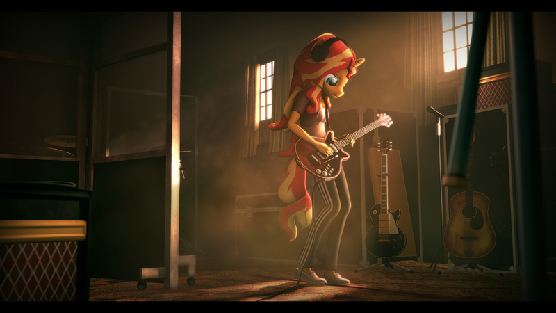Size: 9600x5400 | Tagged: safe, artist:imafutureguitarhero, derpibooru import, sunset shimmer, anthro, plantigrade anthro, unicorn, equestria girls, 3d, absurd file size, absurd resolution, acoustic guitar, adidas, amplifier, black bars, bohemian rhapsody, brian may, cable, carpet, chromatic aberration, clothes, colored eyebrows, crepuscular rays, curtains, cymbals, drums, electric guitar, female, film grain, freckles, gibson, guitar, guitar case, headphones, jacket, les paul, long hair, mare, microphone, microphone stand, multicolored hair, multicolored tail, musical instrument, pants, playing instrument, queen (band), shoes, signature, solo, source filmmaker, studio, window