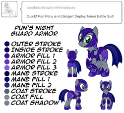 Size: 878x800 | Tagged: safe, artist:nightmaremoons, derpibooru import, oc, oc:pun, earth pony, pony, ask pun, armor, ask, female, guardsmare, mare, night guard, pun, reference sheet, royal guard, solo, tumblr