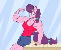 Size: 1349x1112 | Tagged: safe, artist:matchstickman, derpibooru import, sugar belle, anthro, unicorn, armpits, biceps, breasts, busty sugar belle, clothes, deltoids, female, flexing, leaning back, looking at you, mare, muscles, muscular female, solo, sugar barbell, triceps