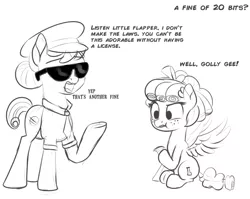 Size: 1033x822 | Tagged: source needed, safe, artist:cosmonaut, derpibooru import, copper top, cozy glow, earth pony, pegasus, pony, /mlp/, cozybetes, cute, dialogue, female, filly, fine, monochrome, paper, police officer, sunglasses, ticket