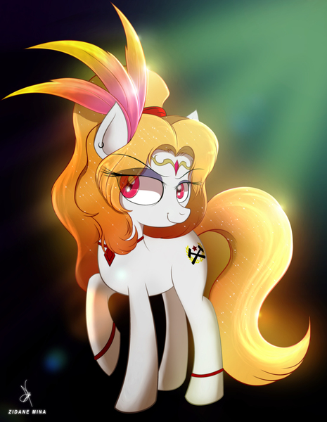 Size: 2924x3776 | Tagged: safe, artist:zidanemina, derpibooru import, oc, oc:equalis, earth pony, pony, blonde, feather, gradient mane, obscure background, pink eyes