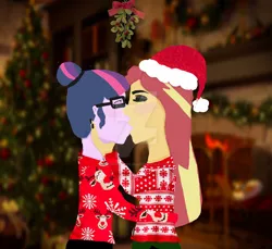 Size: 1024x937 | Tagged: safe, artist:mermaidswirl364, derpibooru import, sci-twi, sunset shimmer, twilight sparkle, equestria girls, christmas, eyes closed, female, hat, holiday, kissing, lesbian, mistletoe, santa hat, scitwishimmer, shipping, sunsetsparkle