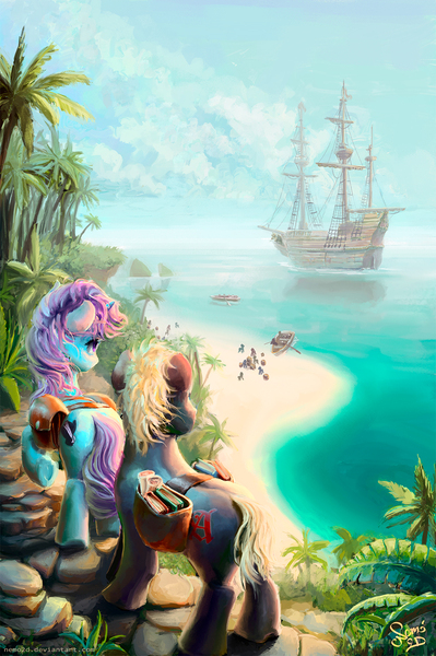 Size: 1000x1503 | Tagged: safe, artist:nemo2d, derpibooru import, oc, unofficial characters only, pony, bag, beach, dinghy, female, male, mare, outdoors, pirate ship, saddle bag, sailship, ship, shore, stallion, the stern as fat, watermark