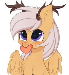 Size: 2673x2895 | Tagged: antlers, artist:pesty_skillengton, blushing, chest fluff, commission, cute, derpibooru import, ear fluff, female, heart, mouth hold, oc, oc:antler pone, original species, safe, simple background, unofficial characters only, wings, ych result