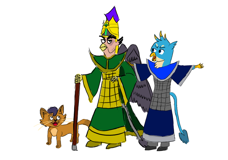 Size: 3543x2480 | Tagged: safe, artist:horsesplease, derpibooru import, capper dapperpaws, gallus, grampa gruff, cat, gryphon, my little pony: the movie, armor, cane, catified, crown, crown prince, duo, emperor, helmet, jewelry, paint tool sai, prince, ratirminoz, regalia, robes, sarmelonid, species swap, upset, vozonid, zannoz