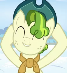 Size: 660x716 | Tagged: safe, derpibooru import, screencap, pistachio, earth pony, pony, best gift ever, cropped, cute, eyes closed, hat, male, pistachiaww, solo