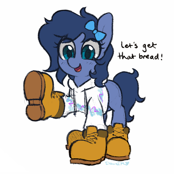 Size: 933x933 | Tagged: safe, artist:dawnfire, derpibooru import, oc, oc:whinny, unofficial characters only, earth pony, pony, boots, bow, clothes, commission, dialogue, eye clipping through hair, female, hair bow, hoodie, let's get that bread, mare, open mouth, raised hoof, shoes, signature, simple background, smiling, timberland boots, white background