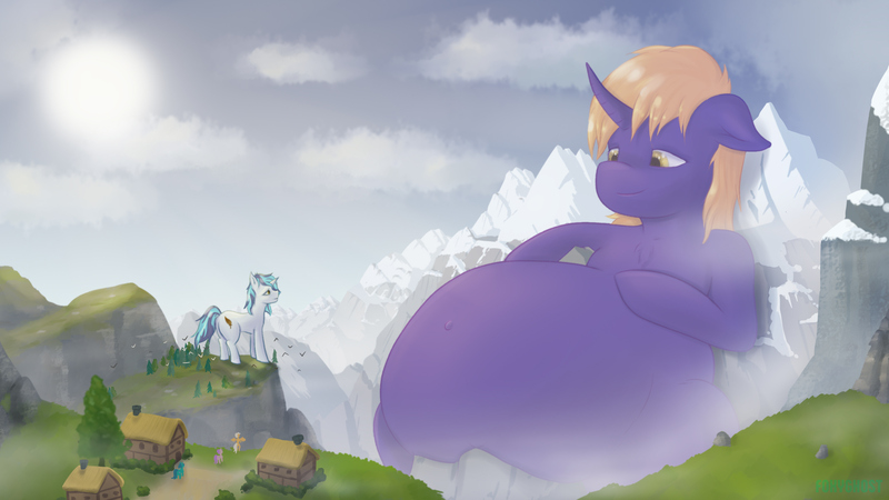 Size: 2880x1620 | Tagged: safe, artist:foxyghost, derpibooru import, oc, oc:snap feather, oc:star bright, unofficial characters only, pony, belly, belly button, big gay, cosmic wizard, fat, giant pony, macro, mega giant, morbidly obese, obese, relaxing, scenery, size difference