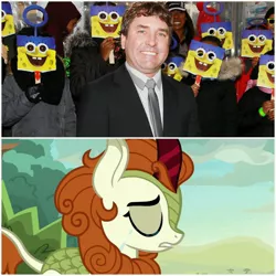 Size: 2896x2896 | Tagged: safe, derpibooru import, edit, edited screencap, screencap, autumn blaze, pony, sounds of silence, crying, image, jpeg, obligatory pony, rest in peace, sad, spongebob squarepants, spongebob squarepants (character), stephen hillenburg