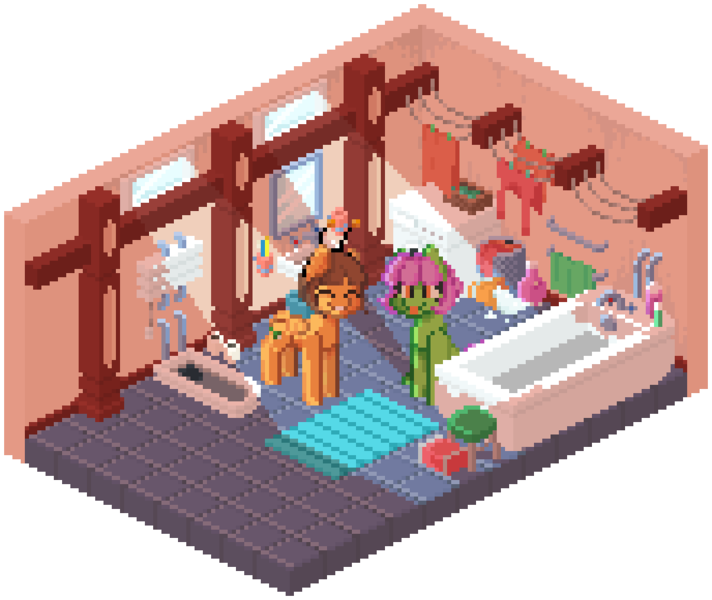 Size: 860x725 | Tagged: safe, artist:stockingshot56, derpibooru import, oc, oc:bumble boo, oc:gloo, unofficial characters only, pony, bath, bathroom, isometric, pixel art, scenery, toilet, toilet paper