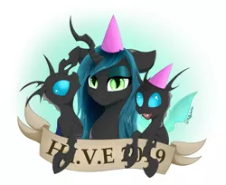 Size: 1280x1047 | Tagged: safe, artist:muffinkarton, derpibooru import, queen chrysalis, changeling, changeling queen, pony, bust, cute, cutealis, cuteling, female, gradient background, hat, hive, party hat, queen chrysalis is not amused, signature, text, trio, unamused
