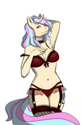 Size: 1422x2160 | Tagged: source needed, suggestive, artist:bulletproof, derpibooru import, oc, oc:open book, unofficial characters only, anthro, unicorn, anthro oc, armpits, belly button, bra, breasts, choker, cleavage, clothes, female, fishnets, garter belt, lingerie, mare, midriff, milf, multicolored hair, multicolored mane, multicolored tail, panties, seductive look, simple background, socks, solo, solo female, stockings, thigh highs, underwear, white background