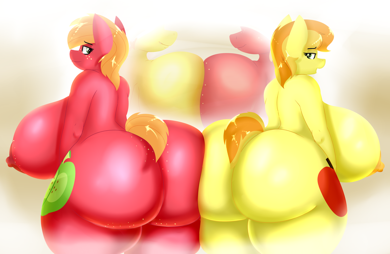 Size: 3200x2085 | Tagged: anthro, applecest, artist:coatieyay, bailey sweet, big breasts, big macintosh, boob freckles, boob squish, braeburn, braemac, breasts, busty bailey sweet, busty macareina, butt, butt bump, butt freckles, butt to butt, butt touch, chest freckles, chubby, derpibooru import, duo, duo female, female, freckles, gay, huge breasts, huge butt, impossibly large breasts, incest, large butt, lesbian, macareina, male, nipples, nudity, plump, questionable, rule 63, shipping, the ass was fat, thighs, thunder thighs, wide hips