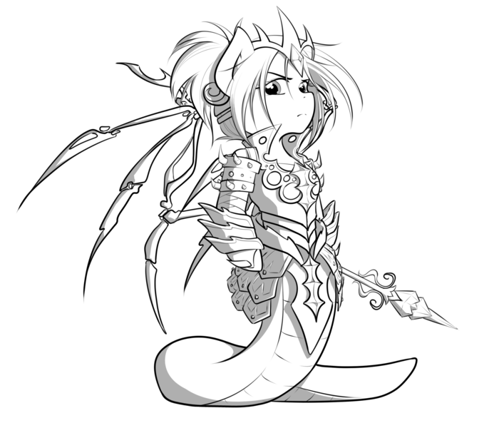 Size: 1877x1592 | Tagged: armor, artist:secret-pony, black and white, buck legacy, card art, crown, derpibooru import, grayscale, jewelry, lamia, looking at you, monochrome, oc, oc:queen valaria, original species, regalia, safe, simple background, snake, snake pony, solo, spikes, staff, transparent background, unofficial characters only