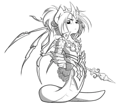 Size: 1877x1592 | Tagged: armor, artist:secret-pony, black and white, buck legacy, card art, crown, derpibooru import, grayscale, jewelry, lamia, looking at you, monochrome, oc, oc:queen valaria, original species, regalia, safe, simple background, snake, snake pony, solo, spikes, staff, transparent background, unofficial characters only