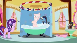 Size: 2909x1642 | Tagged: safe, artist:charli3brav0, artist:pilot231, artist:porygon2z, derpibooru import, edit, editor:slayerbvc, pinkie pie, starlight glimmer, earth pony, pony, unicorn, bath, bathing, bathroom, bathtub, bipedal, blushing, clothes, costume, covering, embarrassed, embarrassed nude exposure, female, furless, furless edit, looking away, mare, naked rarity, nude edit, nudity, pinkie being pinkie, pinkie pie suit, pinkie pie's bathroom, pony costume, ponysuit, raised hoof, shaved tail, shower curtain, unzipped, wide eyes