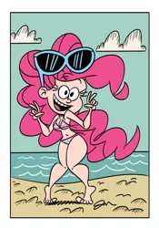 Size: 1000x1428 | Tagged: artist:jmdoodle, beach, belly button, big hair, bikini, breasts, busty pinkie pie, cleavage, clothes, colored, derpibooru import, human, humanized, legs, pinkie pie, smiling, style emulation, suggestive, sunglasses, swimsuit, the loud house