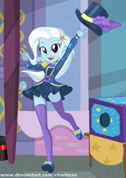 Size: 552x776 | Tagged: safe, artist:charliexe, derpibooru import, trixie, equestria girls, equestria girls series, street magic with trixie, spoiler:eqg series (season 2), arm behind head, barrette, beautiful, clothes, cute, diatrixes, dress, epaulettes, female, hairclip, hairpin, hat, high heels, legs, looking at you, minidress, miniskirt, open mouth, outdoors, shoes, skirt, socks, solo, thigh highs, top hat, zettai ryouiki