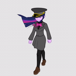 Size: 600x600 | Tagged: safe, artist:pedantczepialski, derpibooru import, twilight sparkle, equestria girls, alternate universe, animated, animation test, equestria girls: the parody series, gif, hat, legend of the galactic heroes, military uniform, peaked cap, reference, test, walking