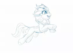 Size: 2048x1534 | Tagged: artist:draconidsmxz, autumn blaze, cloven hooves, derpibooru import, female, floppy ears, jumping, kirin, lineart, monochrome, open mouth, safe, simple background, sketch, smiling, solo, sounds of silence, traditional art, white background