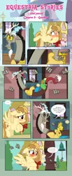 Size: 1919x4664 | Tagged: safe, artist:estories, derpibooru import, discord, oc, oc:alice goldenfeather, draconequus, pegasus, pony, comic:find yourself, blushing, blushing profusely, comic, embarrassed, female, laughing, mare, rude