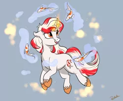 Size: 1024x843 | Tagged: safe, artist:rutkotka, derpibooru import, oc, oc:koi fish, unofficial characters only, fish, koi, pony, unicorn, commission, cute, female, koi fish, magic, mare, smiling, solo