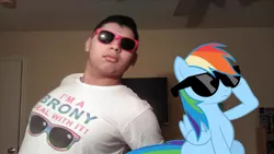 Size: 960x540 | Tagged: artist:s61751, brony, brony t-shirt, clothes, derpibooru import, human, irl, irl human, photo, rainbow dash, safe, shirt, sunglasses, t-shirt