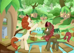 Size: 4950x3510 | Tagged: artist:raspberrystudios, autumn afternoon, autumn blaze, background kirin, cloven hooves, colored hooves, derpibooru import, female, fountain, hind legs, house, kirin, kirin village, male, maple brown, safe, sounds of silence, standing, village, waving