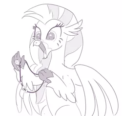 Size: 1048x995 | Tagged: safe, artist:sintakhra, derpibooru import, silverstream, classical hippogriff, hippogriff, tumblr:studentsix, claw hold, cute, diastreamies, excited, female, grayscale, irrational exuberance, jewelry, keychain, monochrome, necklace, open mouth, quadrupedal, simple background, smiling, solo, stair keychain, stairs, starry eyes, that hippogriff sure does love stairs, tongue out, white background, wingding eyes