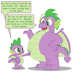 Size: 4342x4133 | Tagged: absurd resolution, adult, adult spike, artist:aleximusprime, belly, belly boop, boop, chubby, derpibooru import, dragon, fat, fat spike, future spike, older, older spike, plump, poking, raised eyebrow, safe, simple background, speech bubble, spike, time travel, transparent background, weight gain, winged spike