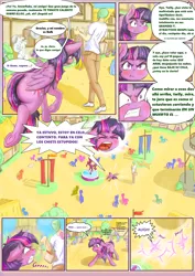 Size: 2480x3508 | Tagged: suggestive, artist:alcor, derpibooru import, bon bon, bulk biceps, pinkie pie, sweetie drops, twilight sparkle, twilight sparkle (alicorn), oc, oc:anon, alicorn, human, pony, comic:display of passion (español), angry, blushing, comic, cute, dialogue, estrus, floppy ears, frog (hoof), growling, pun, spanish, spread wings, teleportation, underhoof, wings