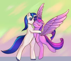 Size: 2369x2042 | Tagged: safe, artist:stratodraw, derpibooru import, shining armor, twilight sparkle, twilight sparkle (alicorn), alicorn, pony, unicorn, bipedal, brother and sister, eyes closed, female, hug, male, mare, missing cutie mark, siblings, smiling, stallion