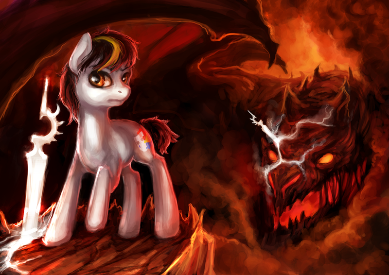 Size: 1024x724 | Tagged: safe, artist:elkaart, derpibooru import, oc, oc:indifference, unofficial characters only, dragon, earth pony, pony, female, fire, mare, smoke, sword, weapon