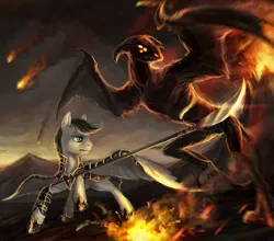 Size: 943x828 | Tagged: safe, artist:elkaart, derpibooru import, oc, unofficial characters only, demon, pegasus, pony, armor, commission, fight, fire, glaive, male, naginata, smoke, stallion, volcano, weapon