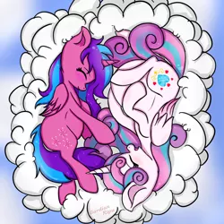 Size: 1000x1000 | Tagged: safe, artist:gardianripu, derpibooru import, princess flurry heart, oc, oc:melody aurora, alicorn, pony, adult, alicorn oc, blushing, bonding, cloud, cousins, cute, duo, duo female, eyes closed, female, flurrybetes, from above, happy, hoof on belly, horn, lying, lying on a cloud, multiple pregnancy, ocbetes, offspring, older, older flurry heart, on a cloud, parent:flash sentry, parent:twilight sparkle, parents:flashlight, pregnant, signature, smiling, wings