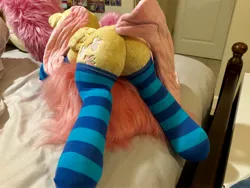 Size: 4032x3024 | Tagged: suggestive, artist:dawning love, artist:natureshy, derpibooru import, fluttershy, pony, butt, clothes, hind legs, irl, photo, plot, plushie, rear view, socks, solo, striped socks