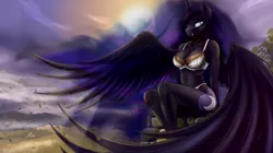 Size: 2870x1610 | Tagged: alicorn, anthro, artist:kasaler, bra, breasts, busty nightmare moon, clothes, crepuscular rays, derpibooru import, fangs, female, mare, nightmare moon, panties, sexy, signature, solo, solo female, stupid sexy nightmare moon, suggestive, underwear, white underwear