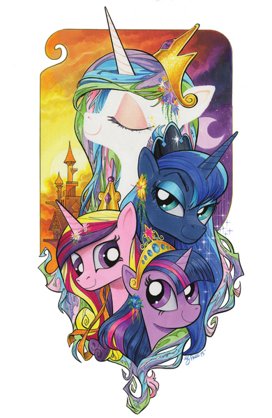 Size: 1040x1600 | Tagged: safe, artist:andypriceart, derpibooru import, edit, princess cadance, princess celestia, princess luna, twilight sparkle, twilight sparkle (alicorn), alicorn, pony, spoiler:comic, spoiler:comic34, alicorn tetrarchy, canterlot castle, comic, cover, cover art, crown, jewelry, regalia, simple background, white background