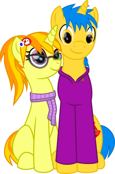 Size: 650x983 | Tagged: safe, artist:haybale100, derpibooru import, oc, oc:code sketch, oc:nenenyaa, unofficial characters only, pony, unicorn, 2019 community collab, derpibooru community collaboration, .svg available, clothes, cutie mark, duo, female, glasses, hair accessory, hoodie, male, mare, scarf, simple background, stallion, transparent background, vector
