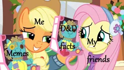 Size: 1280x720 | Tagged: safe, derpibooru import, edit, edited screencap, screencap, applejack, fluttershy, holly the hearths warmer doll, earth pony, pegasus, pony, best gift ever, dungeons and dragons, female, mare, meme, pen and paper rpg, rpg