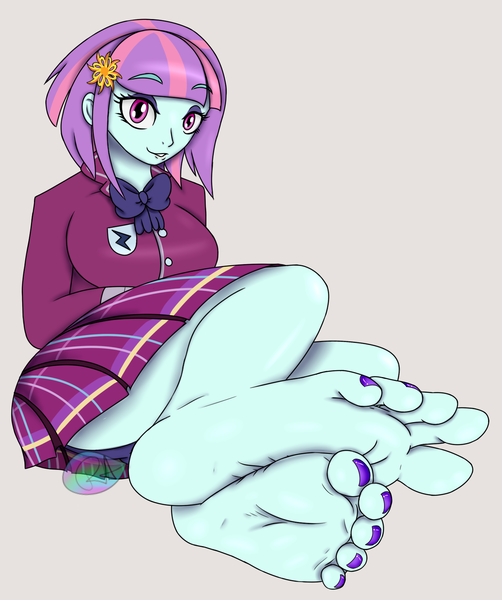 Size: 1315x1572 | Tagged: suggestive, artist:radiantaurora, derpibooru import, sunny flare, equestria girls, barefoot, breasts, clothes, commission, crystal prep academy uniform, feet, female, fetish, foot fetish, foot focus, legs, nail polish, necktie, panties, pleated skirt, purple underwear, school uniform, simple background, skirt, smiling, solo, solo female, transparent background, underwear, upskirt