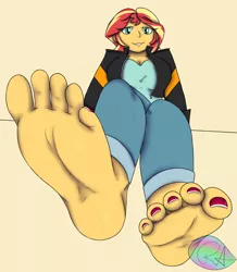 Size: 1378x1580 | Tagged: suggestive, artist:radiantaurora, derpibooru import, sunset shimmer, equestria girls, barefoot, breasts, cleavage, clothes, commission, crossed legs, feet, female, fetish, foot fetish, foot focus, jacket, leather jacket, looking at you, nail polish, pants, solo, solo female