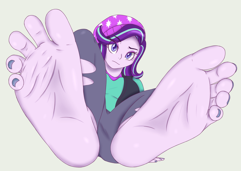 Size: 1526x1080 | Tagged: dead source, suggestive, artist:radiantaurora, derpibooru import, starlight glimmer, equestria girls, mirror magic, spoiler:eqg specials, barefoot, beanie, big feet, breasts, clothes, commission, feet, female, fetish, foot fetish, foot focus, hat, image, nail polish, pants, png, ripped pants, shirt, soles, solo, solo female, toes, vest