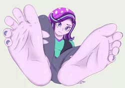 Size: 1526x1080 | Tagged: suggestive, artist:radiantaurora, derpibooru import, starlight glimmer, equestria girls, mirror magic, spoiler:eqg specials, barefoot, beanie, big feet, breasts, clothes, commission, feet, female, fetish, foot fetish, foot focus, hat, nail polish, pants, ripped pants, shirt, soles, solo, solo female, toes, vest