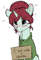 Size: 2249x3297 | Tagged: safe, artist:cold blight, derpibooru import, oc, oc:taffeta, unofficial characters only, pony, unicorn, blushing, clothes, cute, ear blush, female, mare, mouth hold, pony shaming, sign, simple background, solo, sweater, transparent background