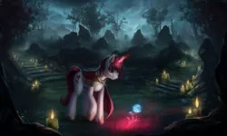 Size: 1920x1152 | Tagged: safe, artist:l1nkoln, derpibooru import, oc, unofficial characters only, pony, unicorn, candle, commission, female, fire, flower, glowing horn, grass, horn, looking down, magic, mare, smiling, solo, tree